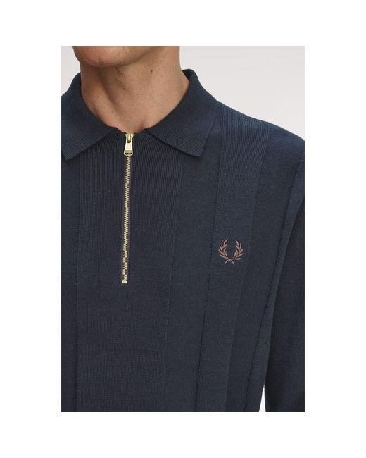 Fred Perry Blue Lsknit Zipped Crew Neck Jumper for men