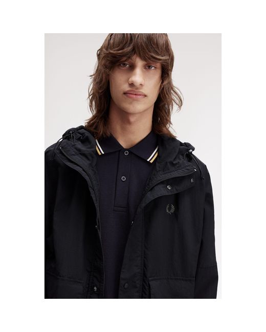 Fred Perry Black Cropped Ripstop Hooded Long Sleeve Parka for men