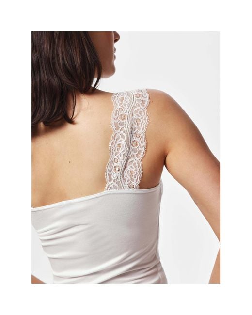 Pieces White Barbera Lace V-Neck Sleeveless Slim-Fit Tank Top