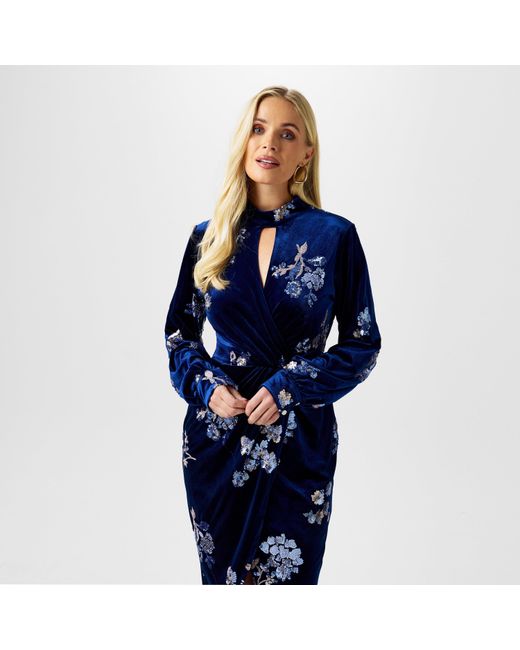 Biba Blue Embellished Velvet Dress