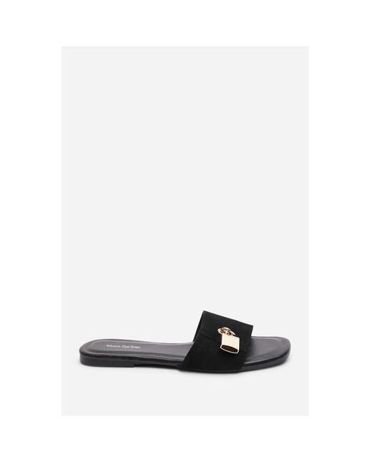 Where's That From Black Solana Trim Flat Suede Slide On Sandal