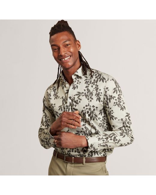 Ted Baker Brown Foliage Print Cotton Long Sleeve Shirt for men