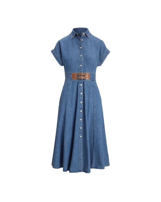 Ralph Lauren Blue Buckle-Trim Denim Shirt Dress