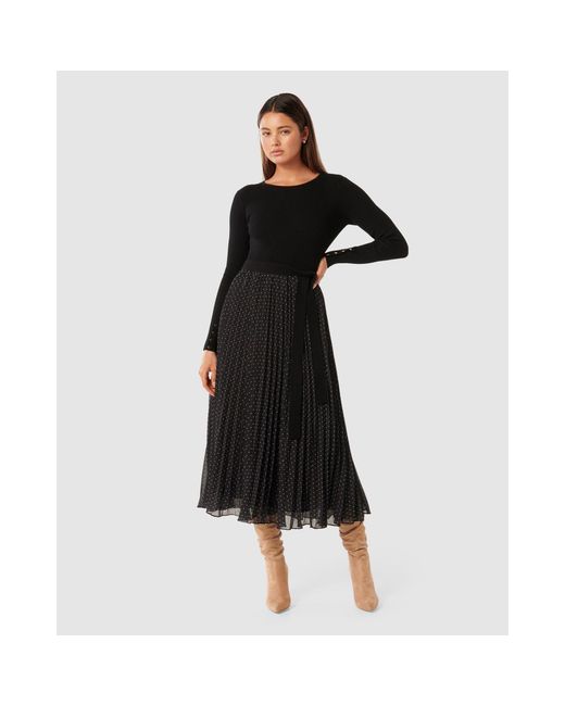 Forever New Black Finley Polka Dot Pleat Hem Knit Dress