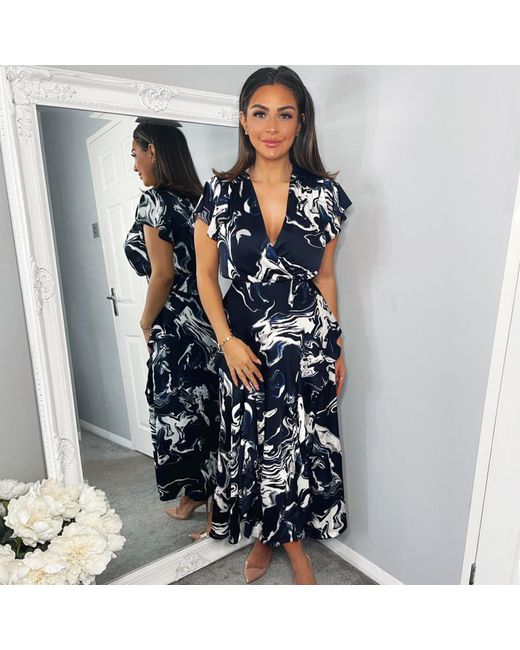 AX Paris Blue Marble Print Short Sleeve Ruffle Midi Dress
