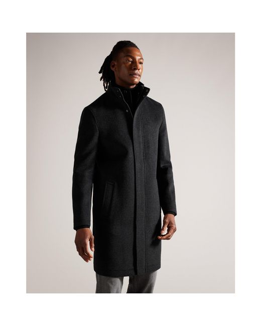 Ted Baker Black Funnel Neck Overcoat for men
