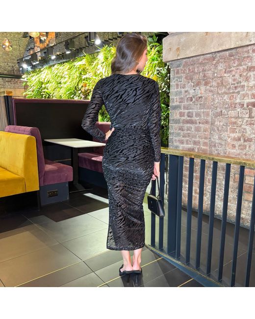 AX Paris Black Velvet Zebra Striped Overlay Long Sleeve Midi Dress