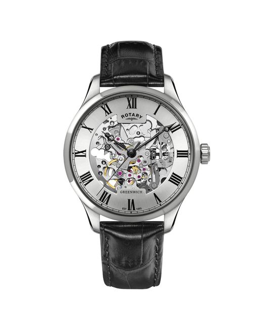 Rotary Metallic Greenwich Ss Leather Strap Watc for men