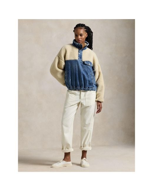 Polo Ralph Lauren Blue Fleece And Denim Funnel Neck Long Sleeve Oversized Fit Sherpa Jacket