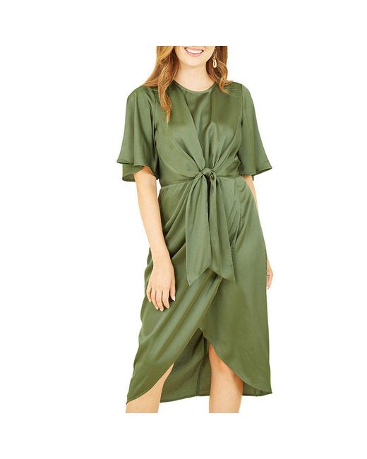 Yumi' Green Satin Tie Detail Midi Wrap Dress