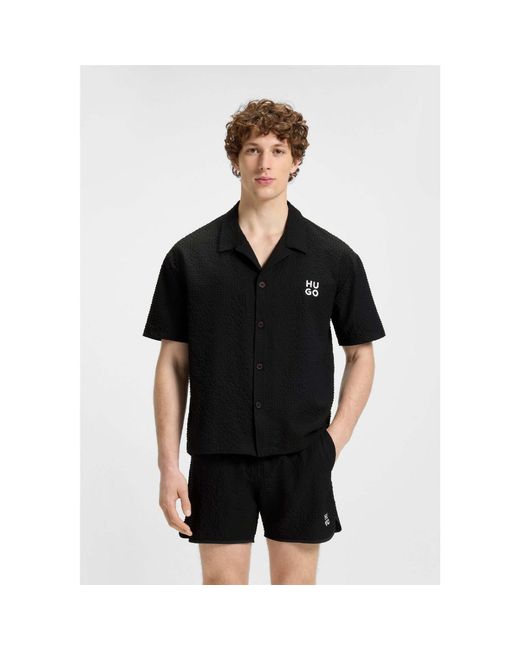 HUGO Black Chaffle Waffle Beach Shirt for men