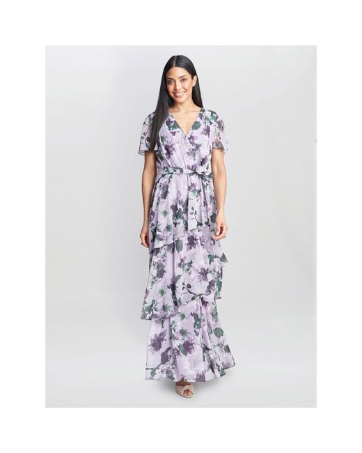 Gina Bacconi Blue Ruby Printed Tiered Maxi Dress With Belt