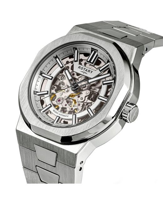 Rotary Metallic Regent Skeleton Automatic Ss Watch for men
