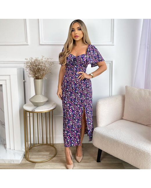 AX Paris Purple Animal Print Short Sleeve Tie Front Midi Dress