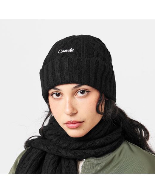 COACH Black Embroidered Cable Knitted Beanie
