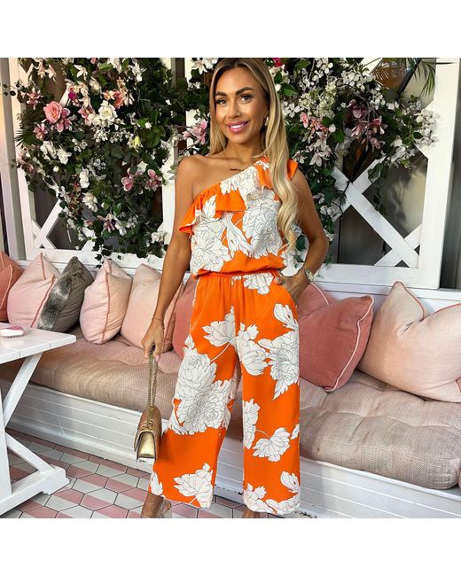 AX Paris Orange Blood Floral Print One Shoulder Jumpsuit