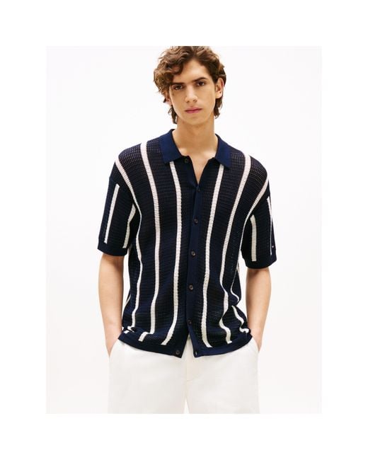Tommy Hilfiger Blue Vertical Stripe Short Sleeve Shirt for men