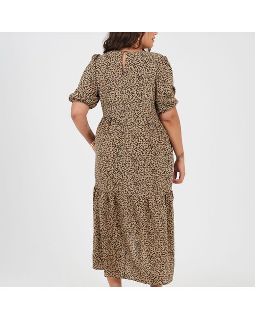 Brave Soul Brown Plus Size Short Sleeve Animal Print Midi Dress With Tiered Hem