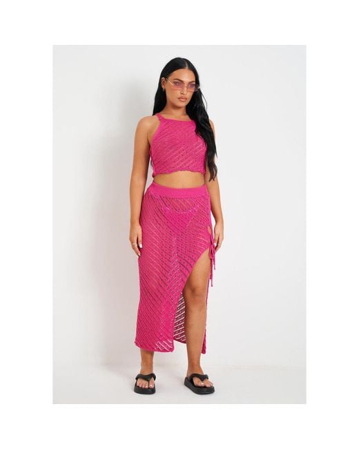 Missy Empire Pink Crochet Knit Beach Crop Top And Midi Skirt Set