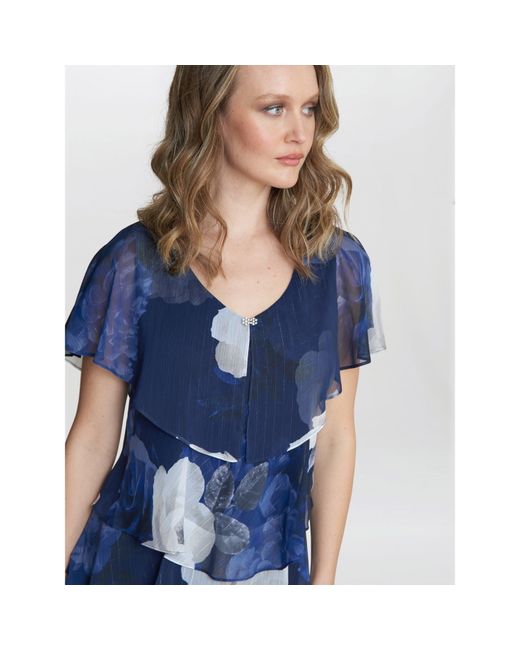 Gina Bacconi Blue Benita Printed V Neck Tiered Dress