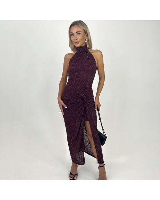 AX Paris Purple Jacquard Diamante Halter Neck Knot Skirt Midi Dress