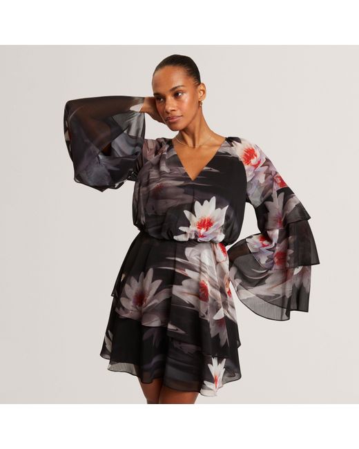 Ted Baker Black Lily Print Frilled Long Sleeve Mini Dress
