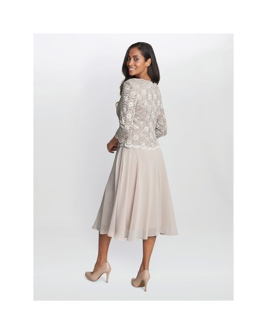 Gina Bacconi White Rona Midi-Length Dress With Lace Bodice