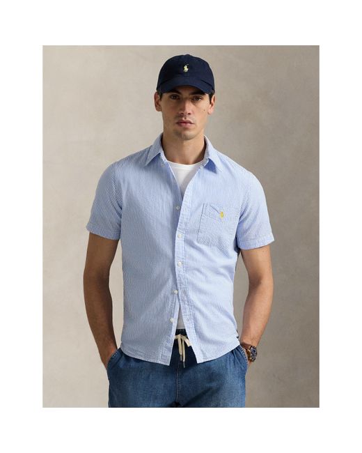 Polo Ralph Lauren Blue Striped Seersucker Short Sleeve Shirt for men