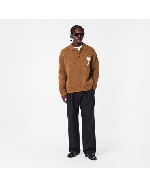 AMI Brown Adc Knitted Long Sleeve Polo Shirt for men