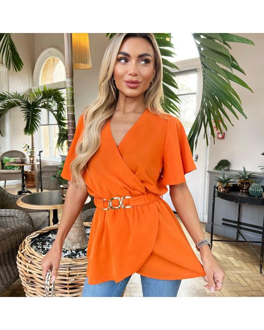 AX Paris Orange Short Sleeve Wrap Belted Top