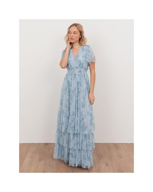 Anaya with love Blue Recycled Floral V Neck Tiered Maxi Dress