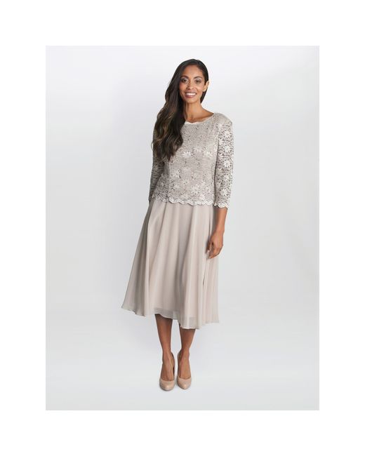Gina Bacconi White Rona Midi-Length Dress With Lace Bodice
