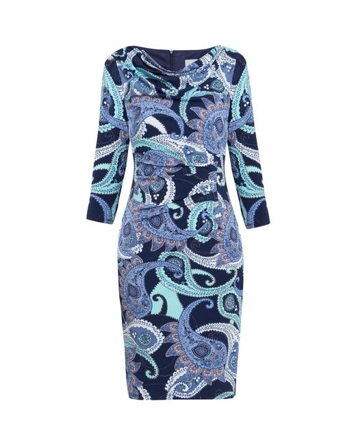Gina Bacconi Blue Alyssa Printed Jersey Cowl Neck Dress
