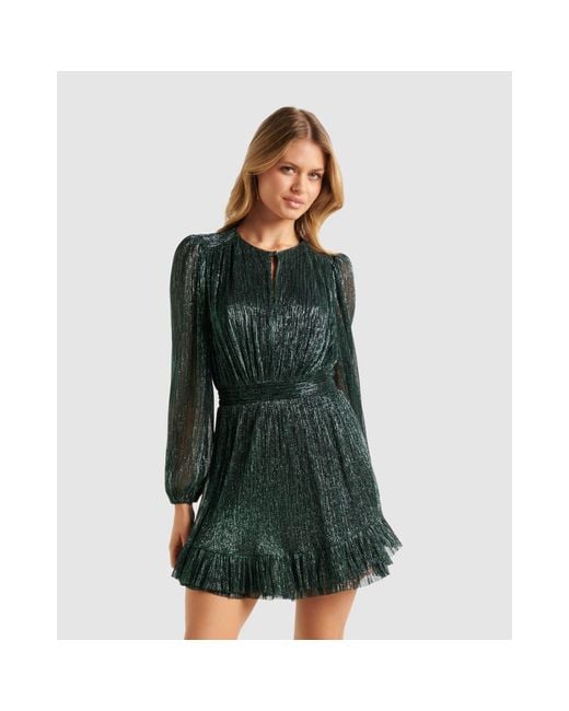 Forever New Green Goldie Long Sleeve Plisse Mini Dress
