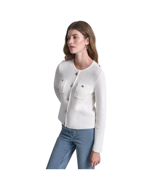 DKNY Gray Jeans Tuck Stitch Crew Neck Cardigan W/ Regal Buttons