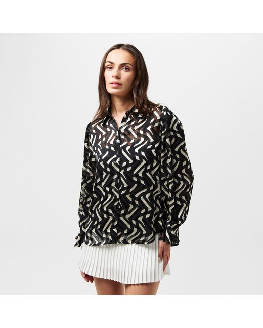 French Connection Black Diandra Satin Devore Long Sleeve Blouse