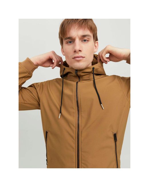 Jack & Jones Brown Zipped Hooded Softshell Jacket for men