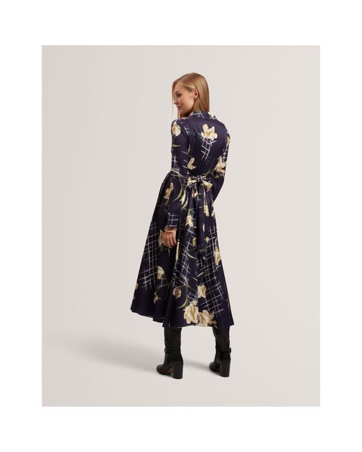 Ted Baker Blue Long Sleeve Print Midi Wrap Dress