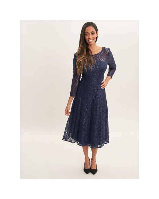 Gina Bacconi Blue Elianna Midi Sequin Lace Cocktail Dress