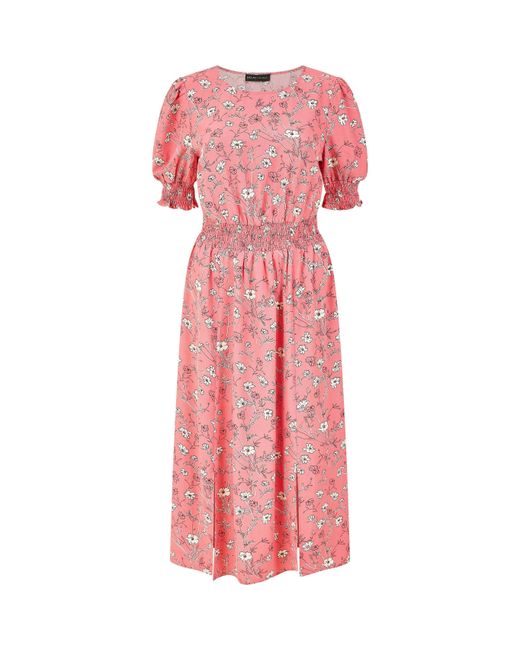 Mela London Pink Floral Ruched Waist Midi Dress