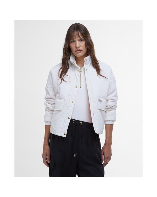 Barbour White Zola Long Sleeve Stand Collar Quilted Jacket