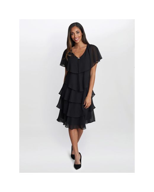 Gina Bacconi Black Lona Georgette Tiers Short Capelet Dress