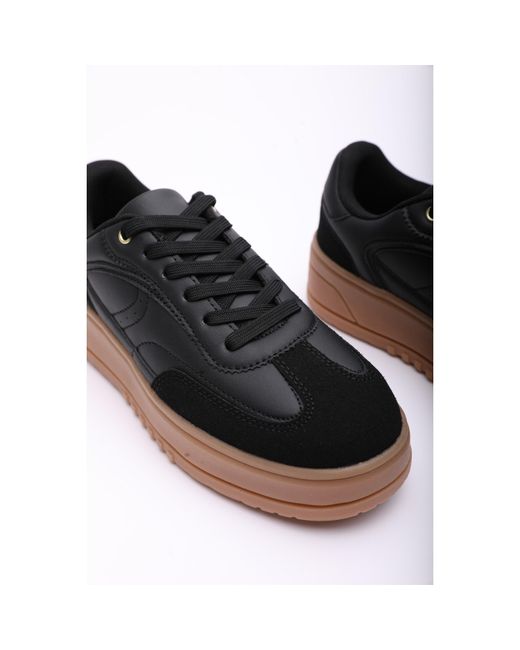 Where's That From Black Low Wedge Lace Up Trainer With Leopard Print Heel Detail