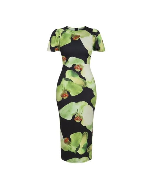 AX Paris Green And Floral Print Puff Sleeve Midi Dress