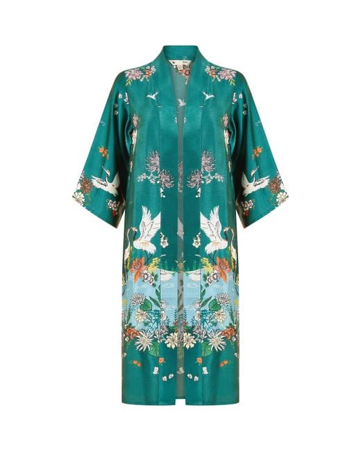 Yumi' Blue Satin Crane Border Kimono
