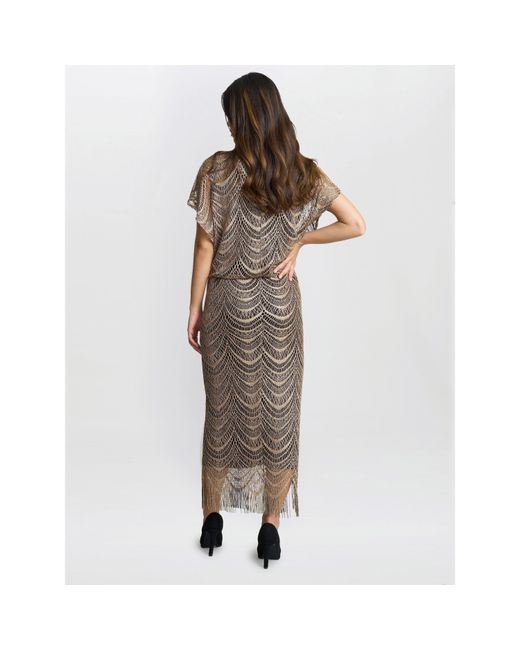 Gina Bacconi Brown Arleen Long Blouson Fringe Hem Dress