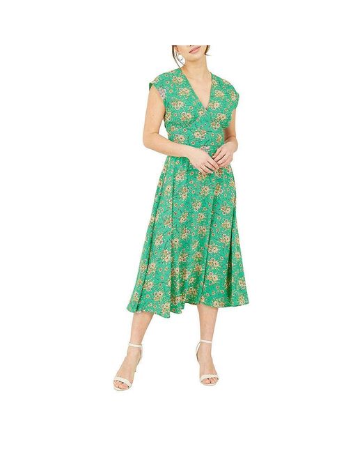 Yumi' Green Floral Waist Tie Wrap Dress