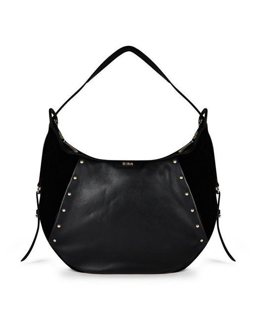Biba Black Leather Studded Hobo Bag