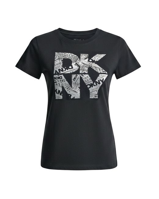 DKNY Black Newsprint Stacked Logo Crew Neck Tee