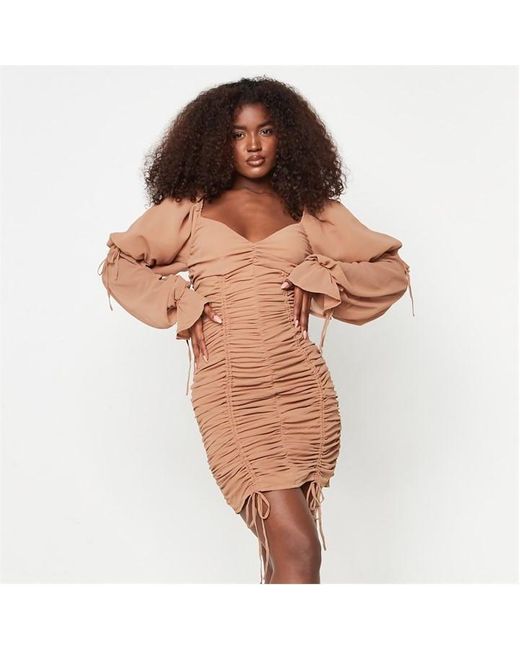 Missguided Brown Tall Mesh Ruched Puff Sleeve Mini Dress